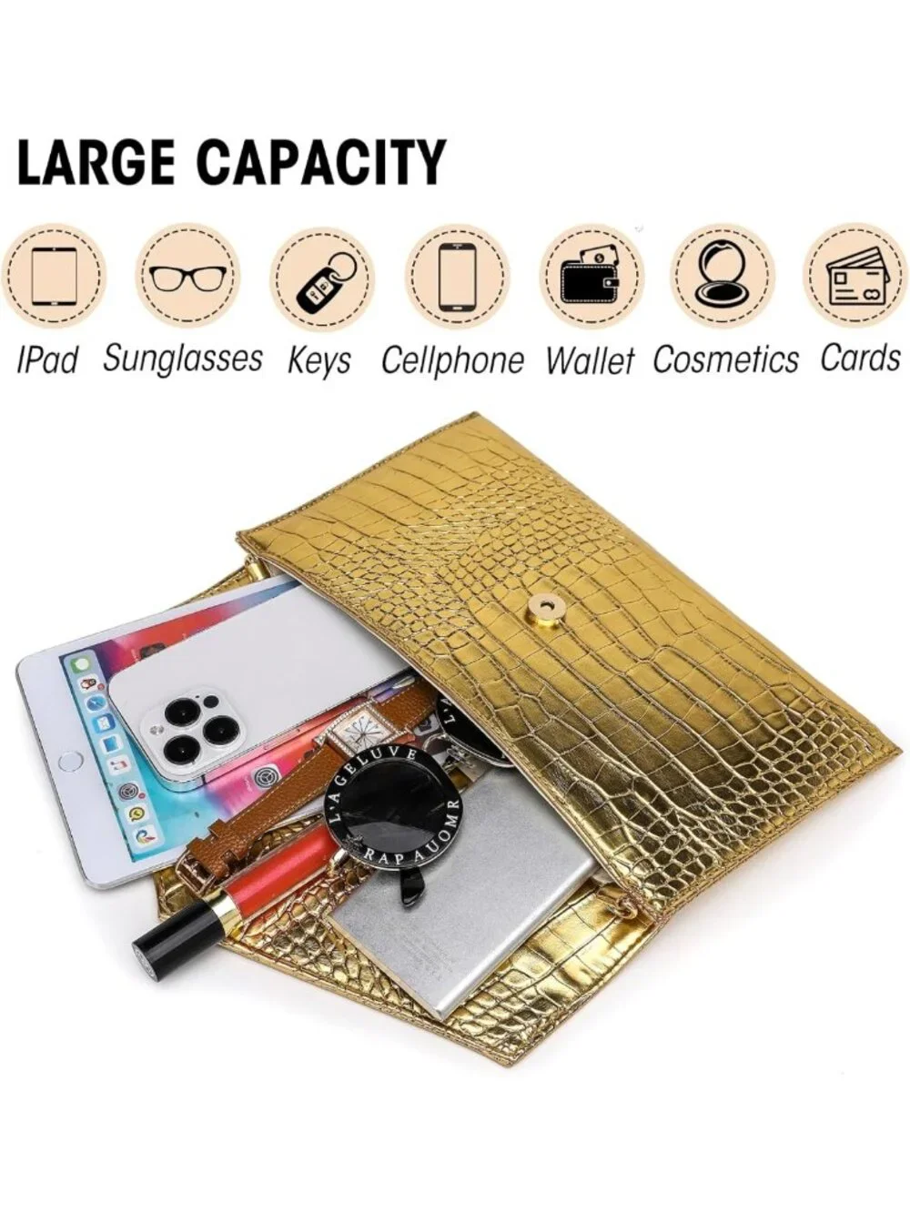 Chic Metallic Gold Envelope Clutch Purse with Detachable Chain for Women
